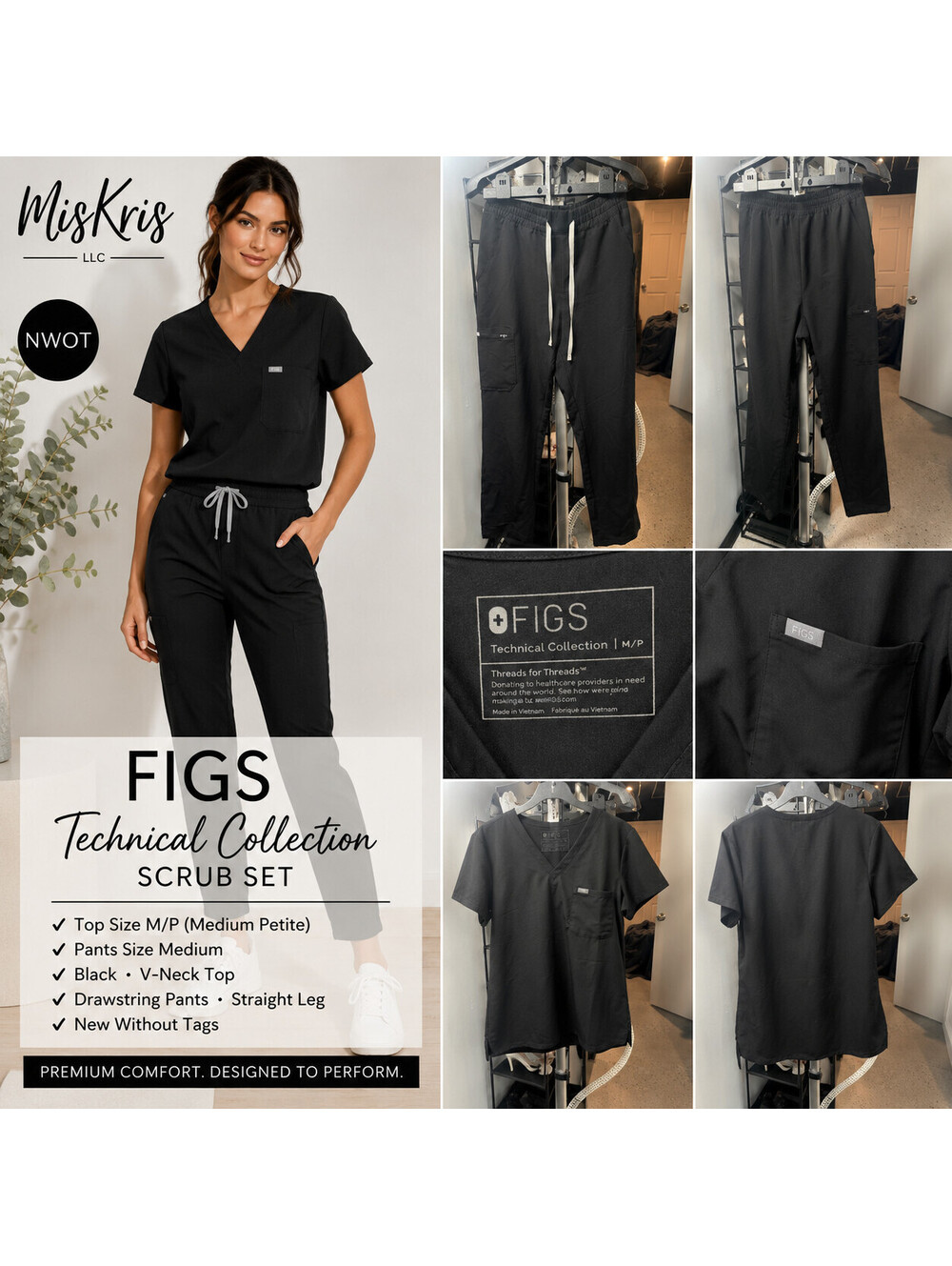 FIGS Technical Collection Black Scrub Set M Medium Pants M/P Top NWOT